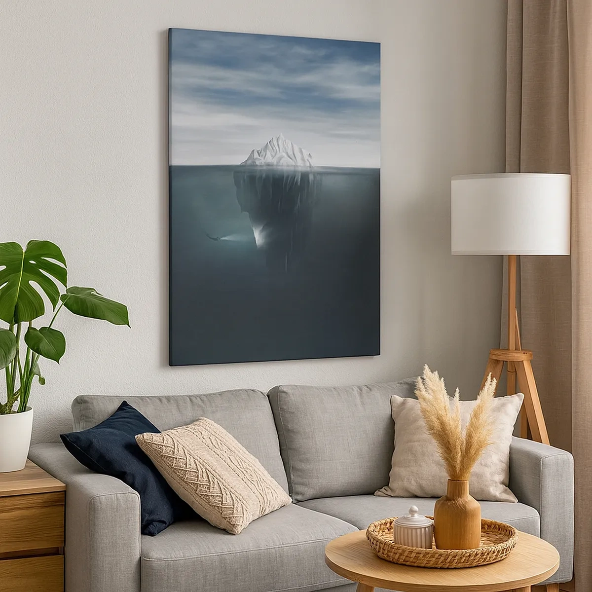 Bild auf Leinwand - Leinwandbild - Ein Eisberg im Wasser mit einem Taucher und einem Suchscheinwerfer unter der Oberfläche. - 50x70cm - Unterwassergeheimnis - Moderne Wanddekoration für Wohnzimmer und Schlafzimmer ARTTOR