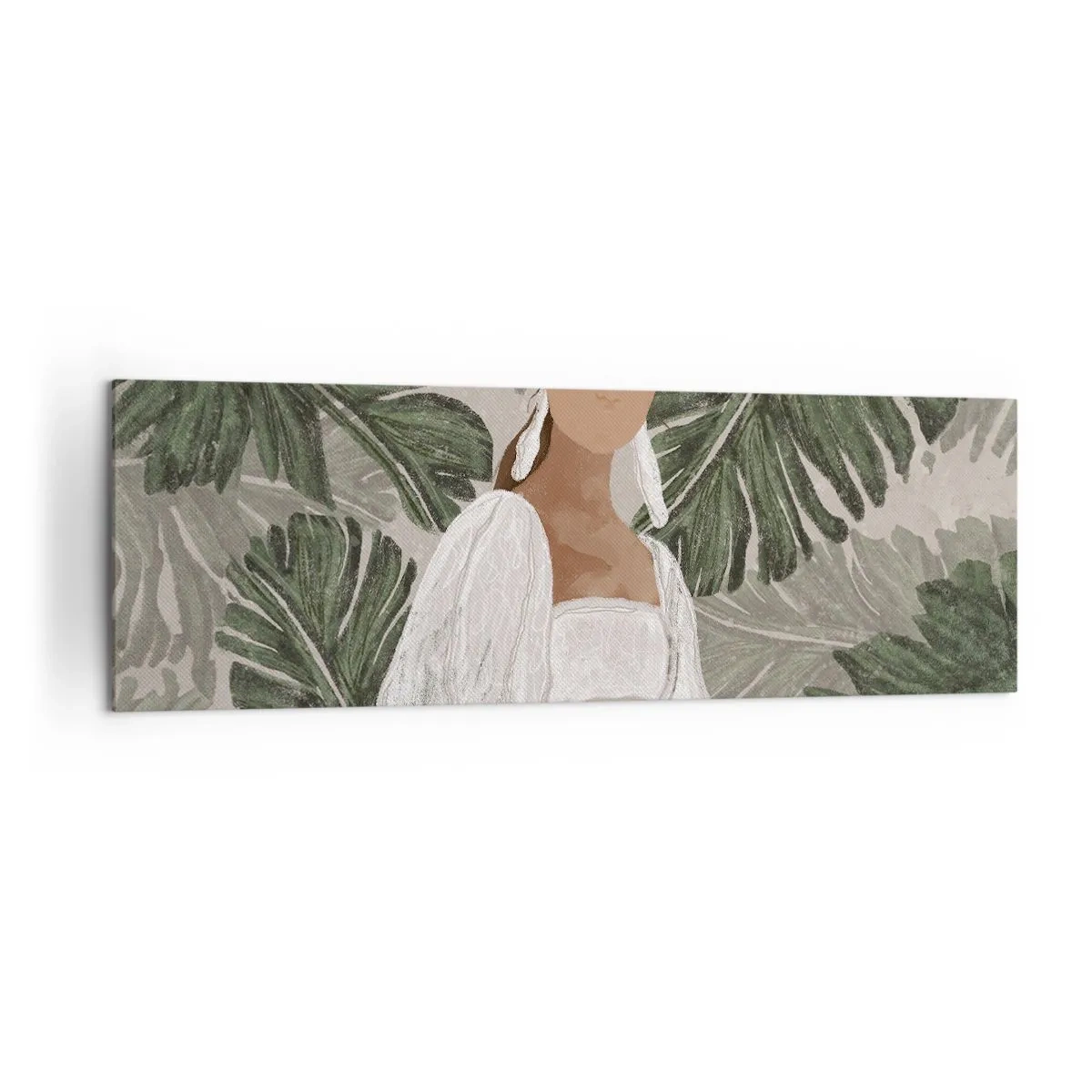 Bild auf Leinwand - Leinwandbild - Porträt einer Frau in einem weißen Kleid vor einem Hintergrund aus Monstera-Blättern - 160x50cm - Exotisches Porträt - Moderne Wanddekoration für Wohnzimmer und Schlafzimmer ARTTOR