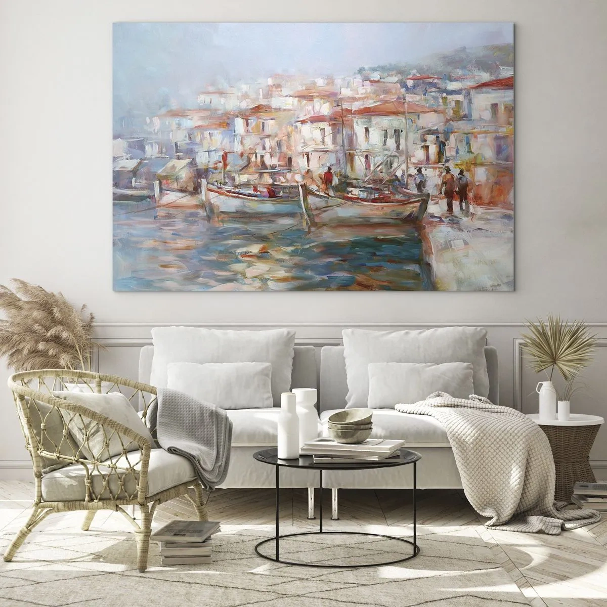 Glasbild - Bild auf glas - Ein malerischer Hafen mit Booten in Pastellfarben - 70x50cm - Pastell-Sommerferien - Moderne Wanddekoration für Wohnzimmer und Schlafzimmer ARTTOR