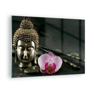 Glasbild - Bild auf glas - Buddhistischer Kopf mit einer rosa Blume auf einem Hintergrund aus Steinen - 70x50cm - Harmonie von Weisheit und Schönheit - Moderne Wanddekoration für Wohnzimmer und Schlafzimmer ARTTOR