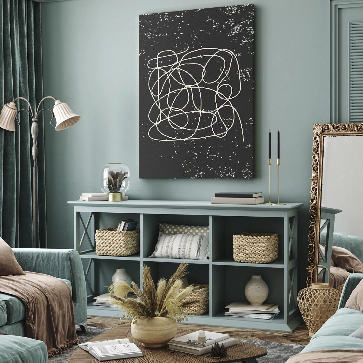 Bild auf Leinwand - Leinwandbild - Abstrakte Linie auf schwarzem Hintergrund mit feinen Details - 80x120cm - Wandernde, umherschweifende Gedanken - Moderne Wanddekoration für Wohnzimmer und Schlafzimmer ARTTOR