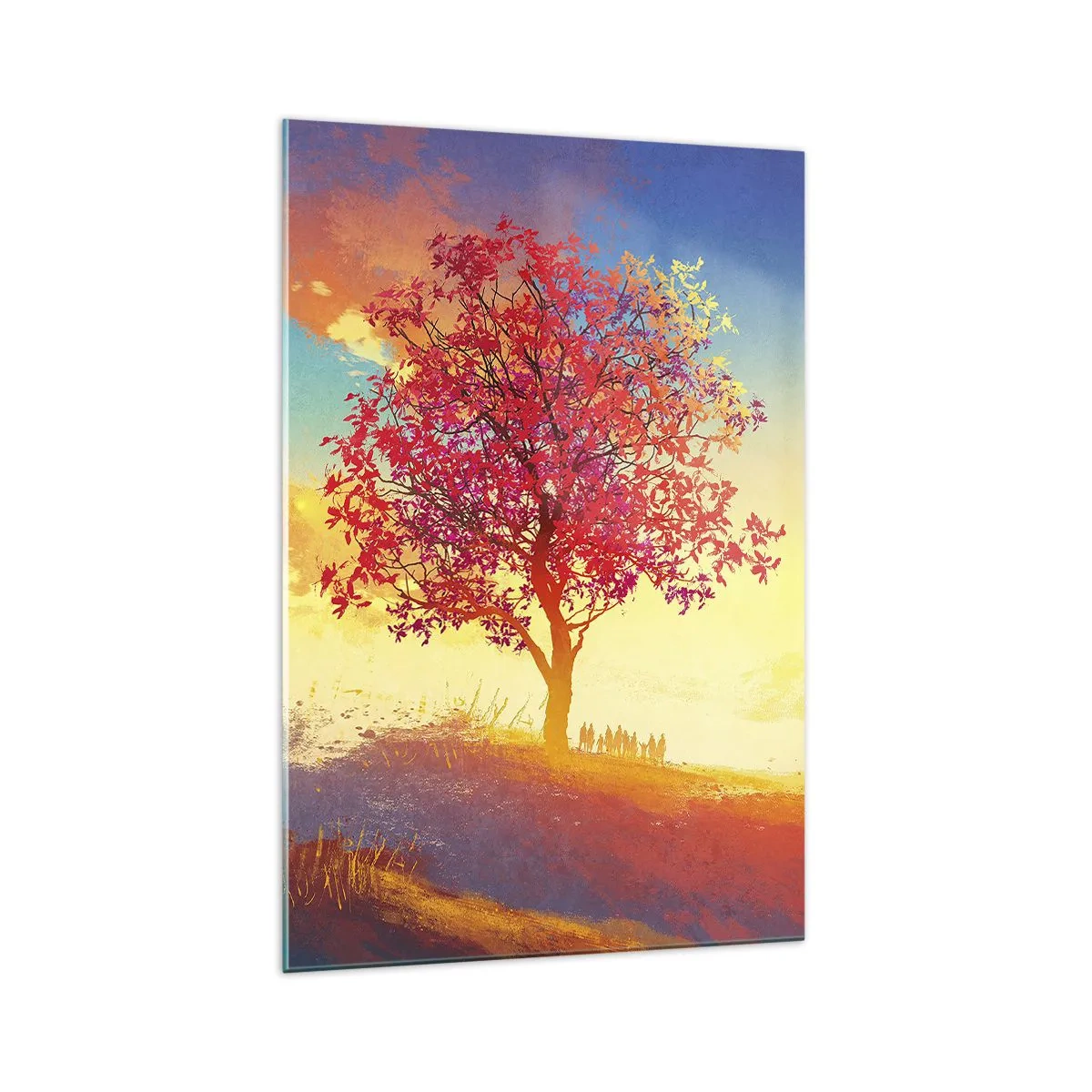 Glasbild - Bild auf glas - Eine Figur auf einem Hügel neben einem bunten Baum im Licht der untergehenden Sonne - 70x100cm - Pilger am Ziel - Moderne Wanddekoration für Wohnzimmer und Schlafzimmer ARTTOR