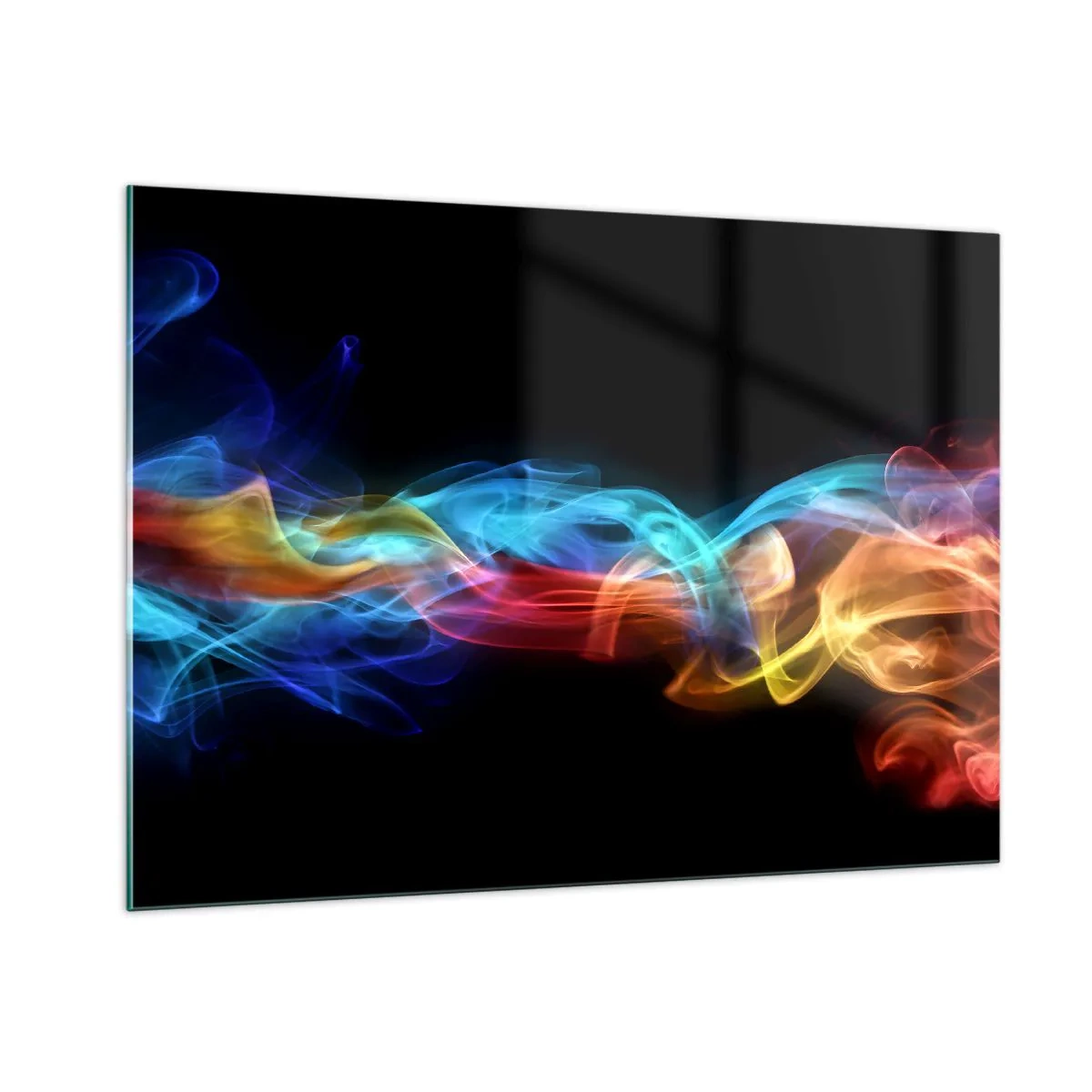 Glasbild - Bild auf glas - Bunte Rauchstreifen auf schwarzem Hintergrund erzeugen ein abstraktes Muster - 100x70cm - Regenbogentanz der Nebel - Moderne Wanddekoration für Wohnzimmer und Schlafzimmer ARTTOR