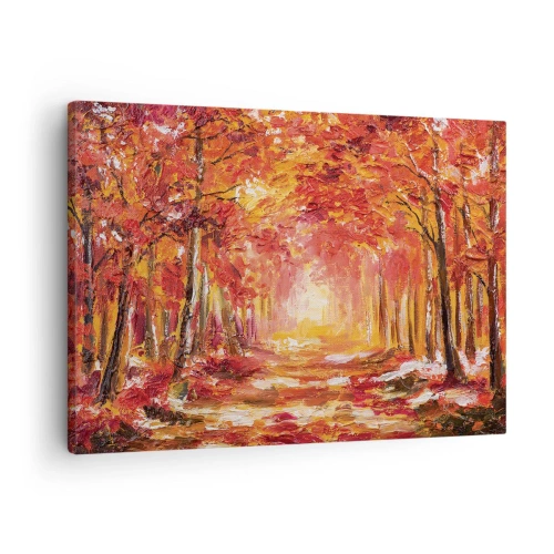 Bild auf Leinwand - Leinwandbild - Herbstwald in Kupfer- und Goldtönen - 70x50cm - Kupferwald - Moderne Wanddekoration für Wohnzimmer und Schlafzimmer ARTTOR