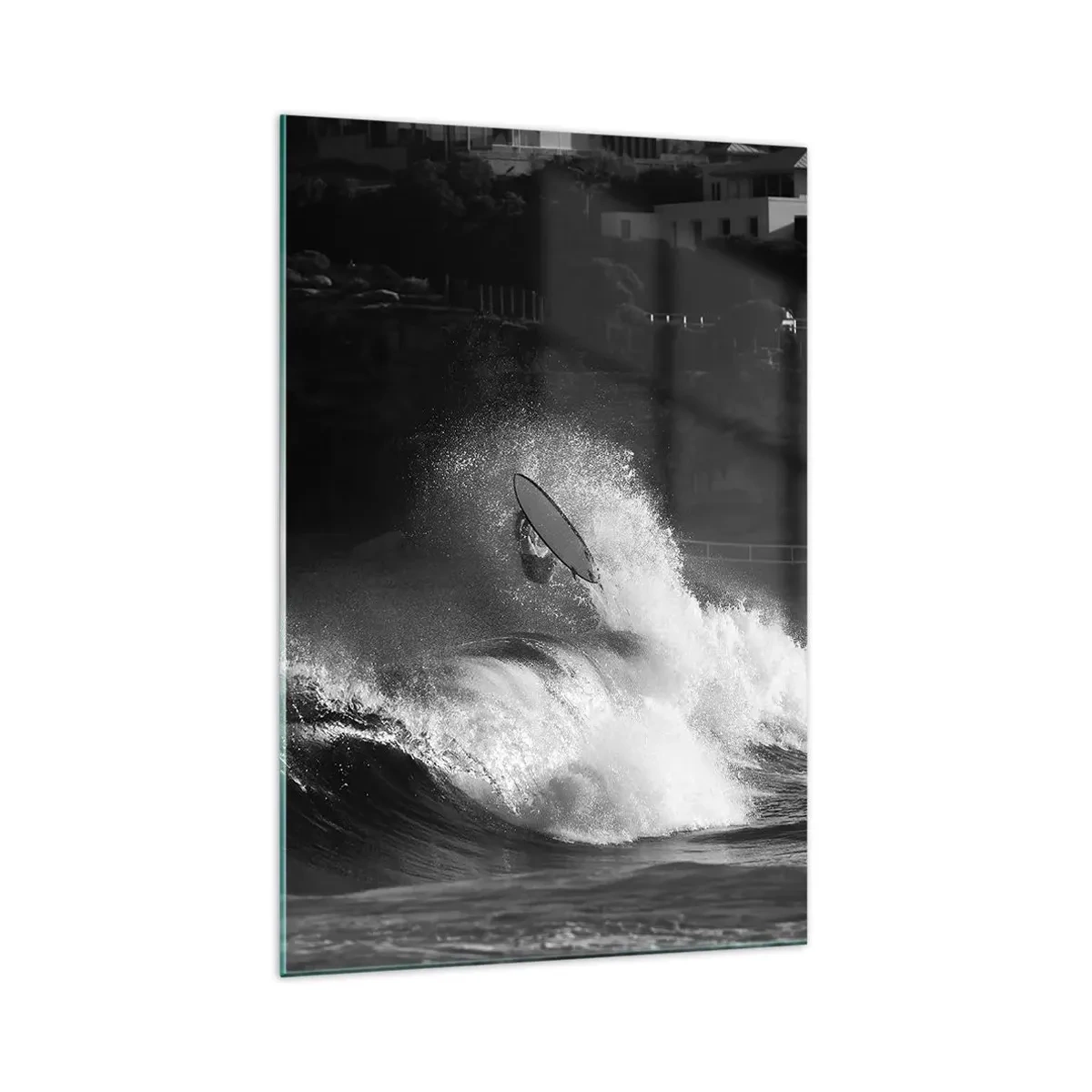 Glasbild - Bild auf glas - Ein Surfer, der eine Welle reitet, in Monochrom - 70x100cm - Herausforderung angenommen! - Moderne Wanddekoration für Wohnzimmer und Schlafzimmer ARTTOR