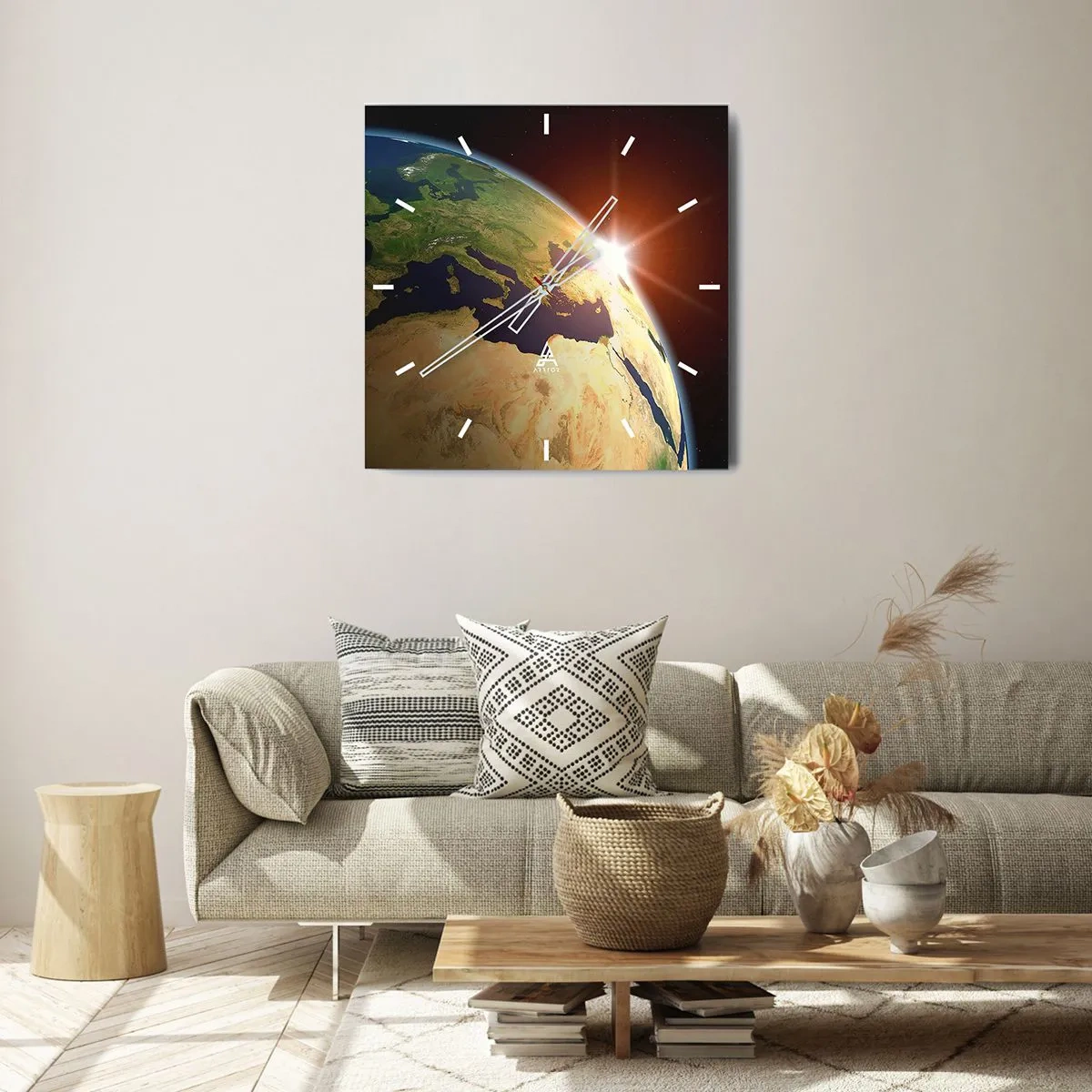 Wanduhr - Glasuhr - Blick auf die Erde aus dem Weltraum mit Sonnenstrahlen am Horizont - 30x30cm - Sonnenaufgang - Moderne Wanddekoration für Wohnzimmer und Schlafzimmer ARTTOR