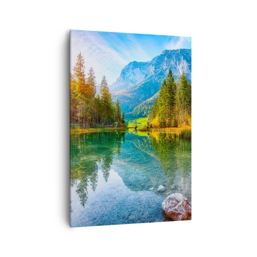 Bild auf Leinwand - Leinwandbild - Ein malerischer See, umgeben von Bergen und Wäldern - 70x100cm - Die Sanftheit des Herbstes - Moderne Wanddekoration für Wohnzimmer und Schlafzimmer ARTTOR