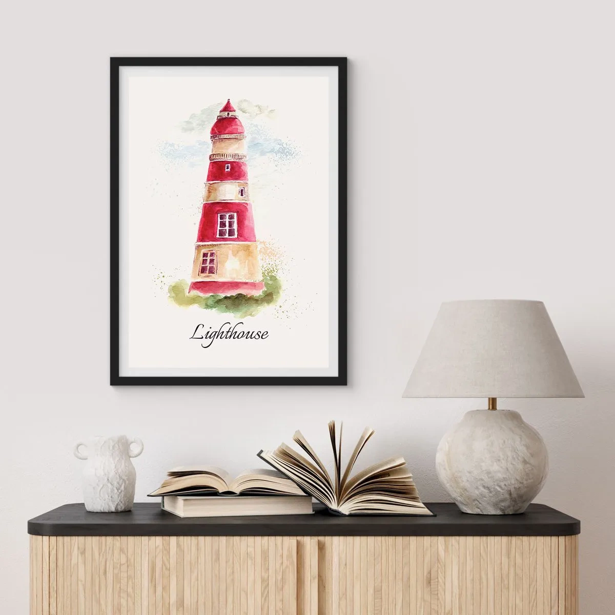 Poster in einem schwarzem Rahmen - Aquarell-Illustration eines Leuchtturms auf hellem Hintergrund - 50x70cm - Das Wetter ringsum ist immer gut - Moderne Wanddekoration für Wohnzimmer und Schlafzimmer ARTTOR