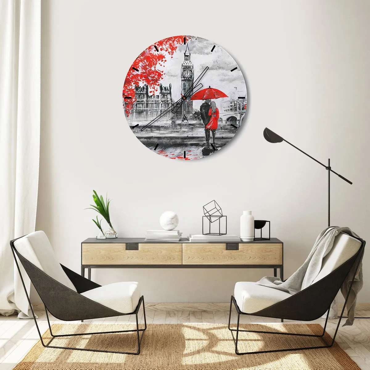 Wanduhr - Glasuhr - Ein Paar unter einem roten Regenschirm mit Big Ben und den Houses of Parliament im Hintergrund. - 30x30cm - Verliebt in London - Moderne Wanddekoration für Wohnzimmer, Küche und Schlafzimmer ARTTOR