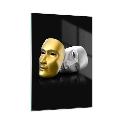 Glasbild - Bild auf glas - Gold- und Silbermaske auf schwarzem Hintergrund - 50x70cm - Das Leben ist wie ein Theater - Moderne Wanddekoration für Wohnzimmer und Schlafzimmer ARTTOR