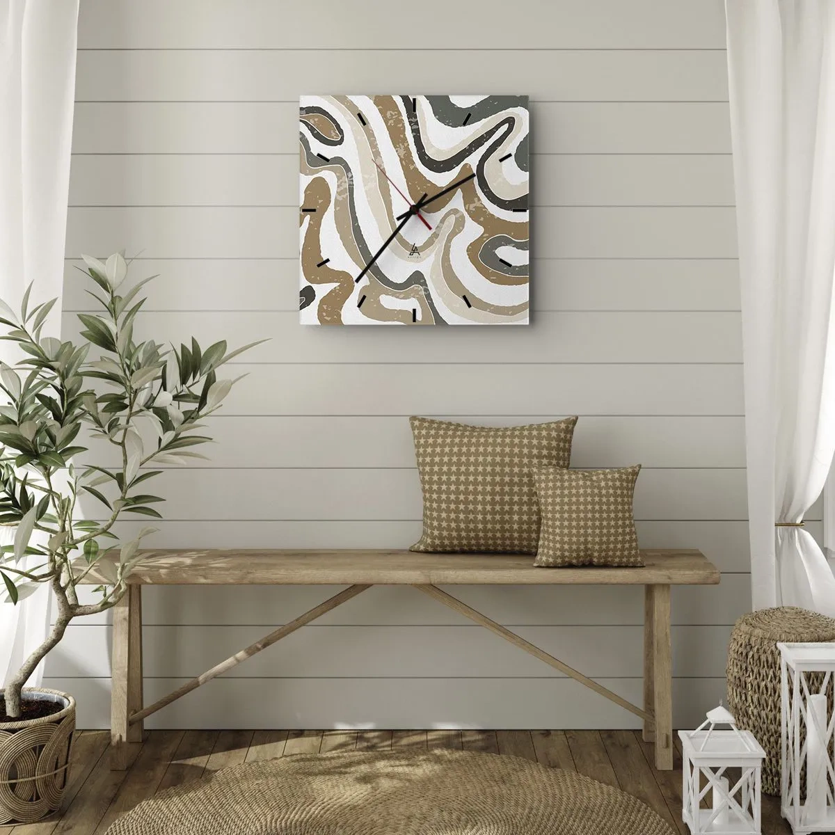 Wanduhr - Glasuhr - Erdige Muster in Braun- und Grüntönen - 30x30cm - Mäander in Erdfarben - Moderne Wanddekoration für Wohnzimmer und Schlafzimmer ARTTOR