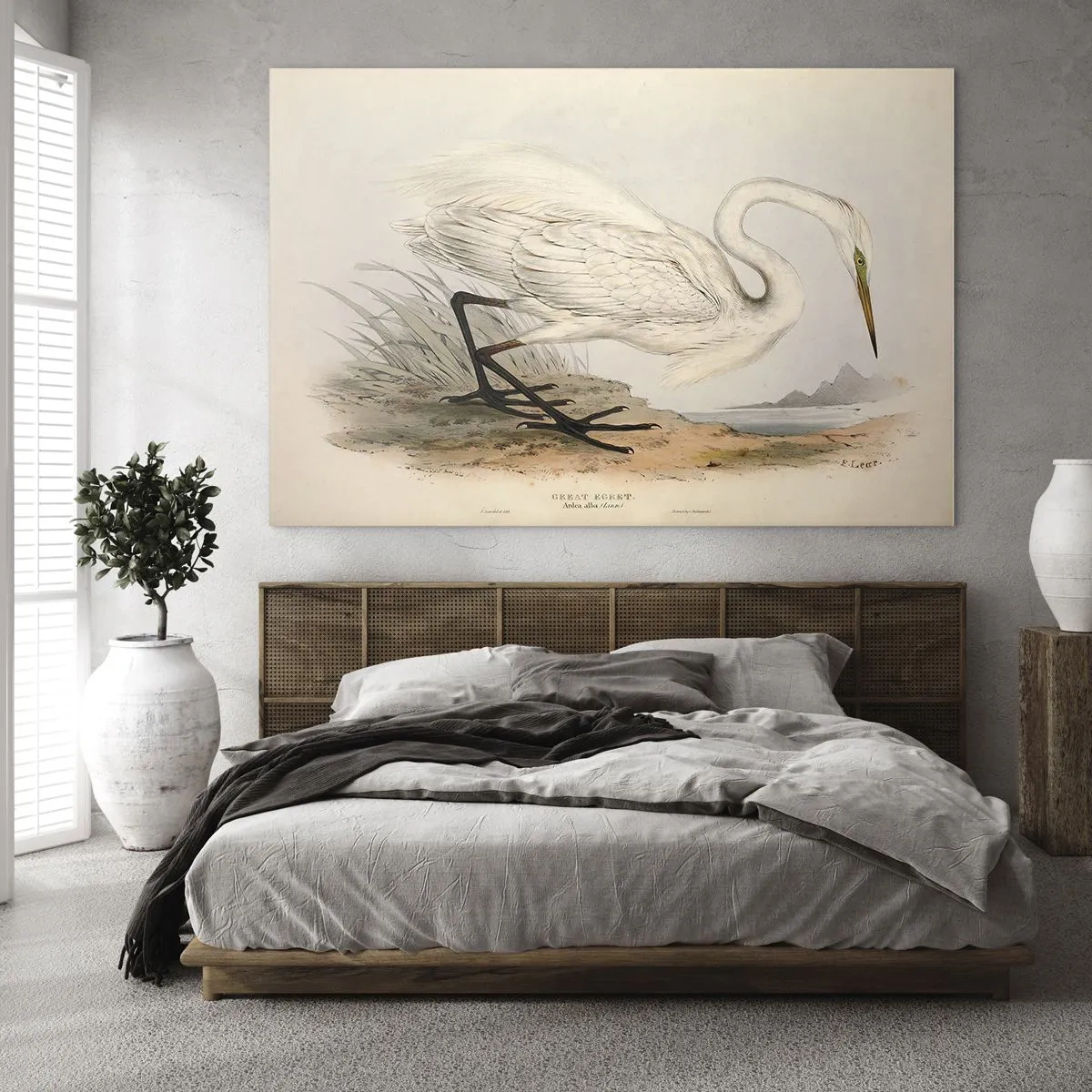 Glasbild - Bild auf glas - Vintage Illustration eines weißen Reihers am Wasserrand - 70x50cm - Dame auf den Binsen - Moderne Wanddekoration für Wohnzimmer und Schlafzimmer ARTTOR