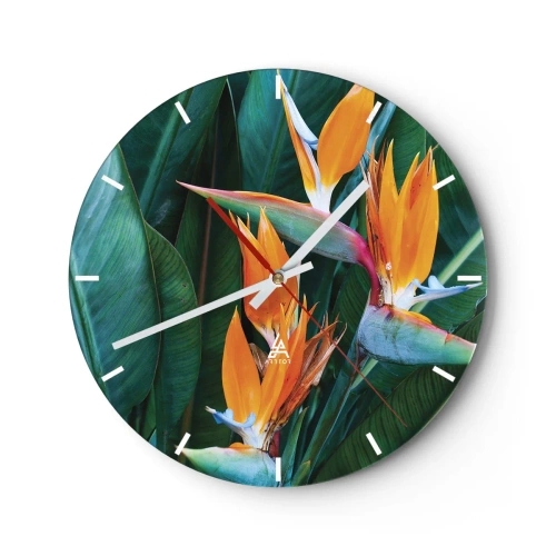 Wanduhr - Glasuhr - Exotische Strelitzienblüten vor einem Hintergrund aus grünen Blättern - 30x30cm - Ist es eine Blume oder ist es ein Vogel? - Moderne Wanddekoration für Wohnzimmer, Küche und Schlafzimmer ARTTOR