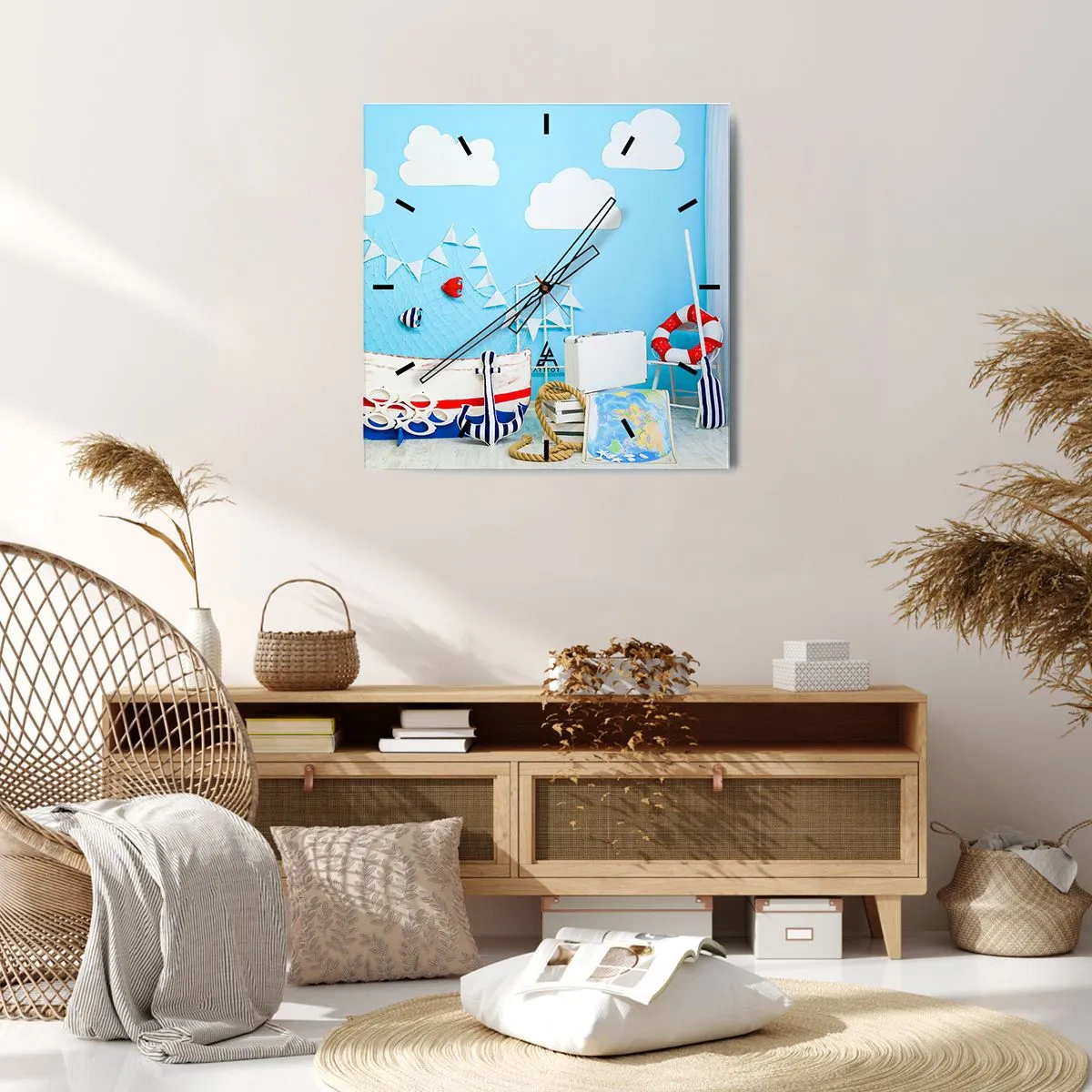Wanduhr - Glasuhr - Nautische Dekoration mit einem Boot und Zubehör auf blauem Hintergrund - 30x30cm - Die Sehnsucht eines Kindes nach Abenteuer - Moderne Wanddekoration für Wohnzimmer und Schlafzimmer ARTTOR