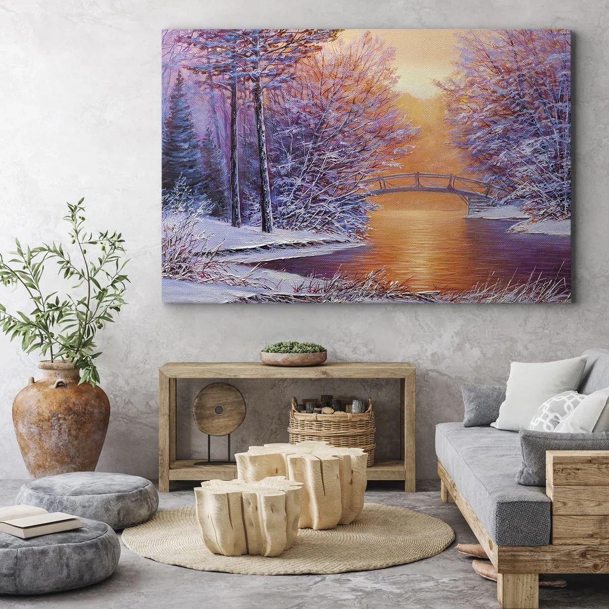 Bild auf Leinwand - Leinwandbild - Winterlandschaft mit Brücke und Sonnenuntergang - 100x70cm - Treffen wir uns hier - Moderne Wanddekoration für Wohnzimmer und Schlafzimmer ARTTOR