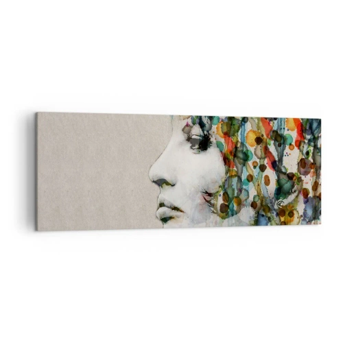 Bild auf Leinwand - Leinwandbild - Profil einer Frau in Aquarellfarben mit abstraktem Hintergrund - 140x50cm - Sie tauchte aus dem Grau auf - Moderne Wanddekoration für Wohnzimmer und Schlafzimmer ARTTOR