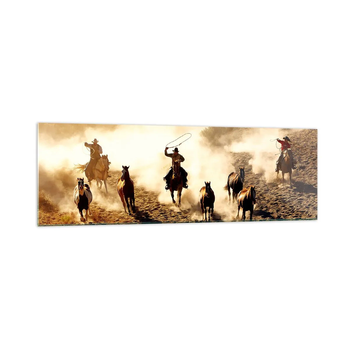 Glasbild - Bild auf glas - Cowboys zu Pferd in Aktion im Wüstengelände - 160x50cm - Wirklich wilder Westen - Moderne Wanddekoration für Wohnzimmer und Schlafzimmer ARTTOR
