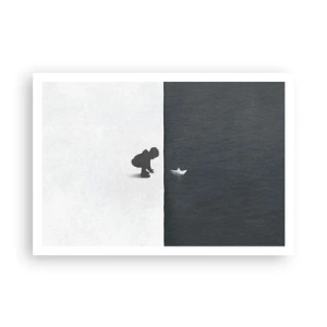 Poster - Eine Kinderfigur mit einem Papierboot vor einem Hintergrund aus kontrastierenden Hälften - 100x70cm - Tolle Expedition - Moderne Wanddekoration für Wohnzimmer und Schlafzimmer ARTTOR