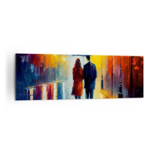 Bild auf Leinwand - Leinwandbild - Ein Paar unter einem Regenschirm, das durch eine farbenfrohe Nachtstadt spaziert - 160x50cm - Gemeinsam – eine bunte Nacht - Moderne Wanddekoration für Wohnzimmer und Schlafzimmer ARTTOR