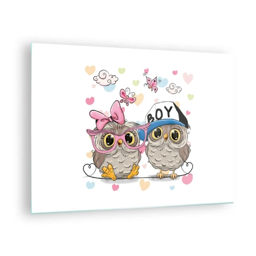 Glasbild - Bild auf glas - Ein Paar fröhlicher Eulen in einer Pastellkomposition - 70x50cm - Lass uns Liebe machen! - Moderne Wanddekoration für Wohnzimmer und Schlafzimmer ARTTOR