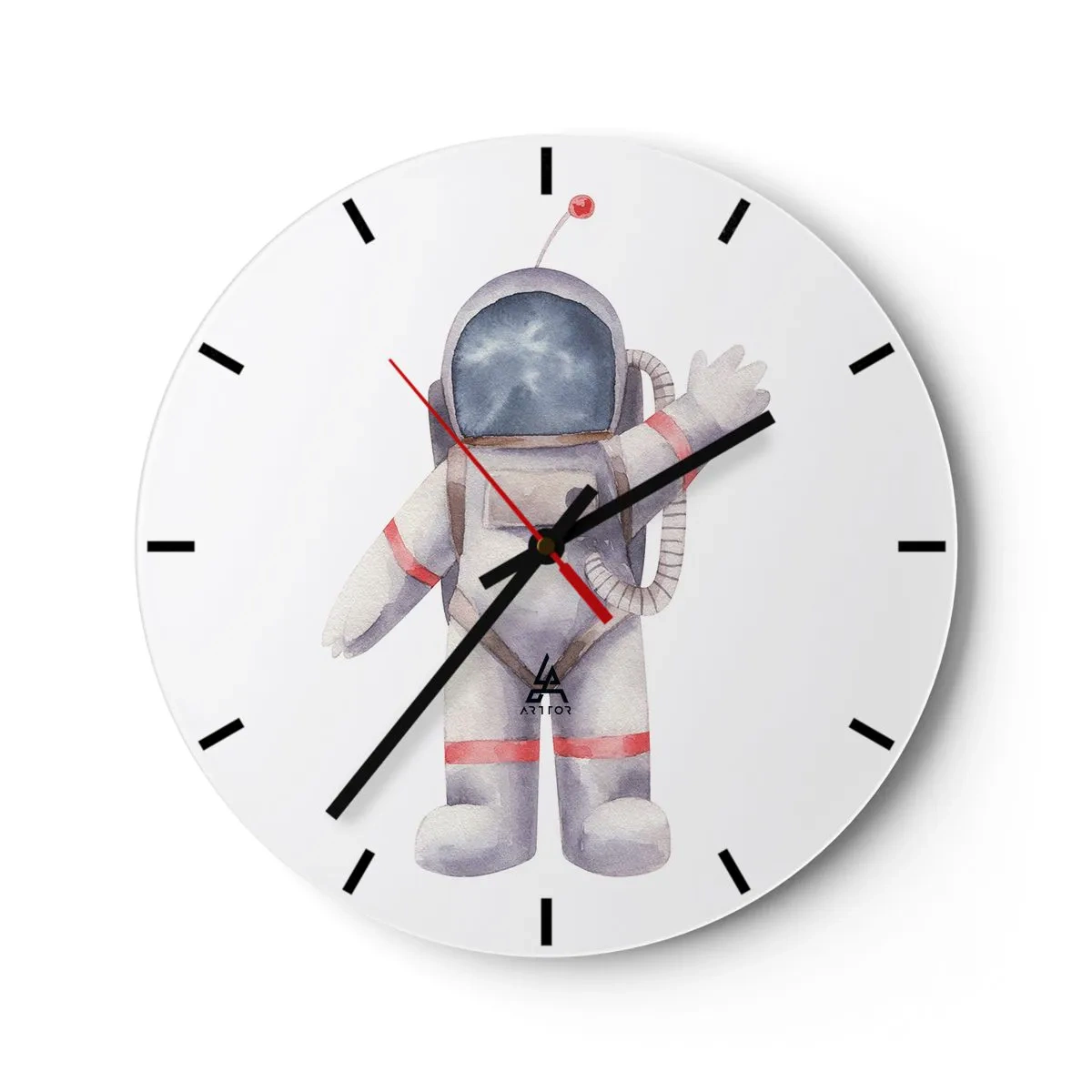 Wanduhr - Glasuhr - Illustration eines Kosmonauten mit erhobener Hand auf weißem Hintergrund - 30x30cm - Bis dann! - Moderne Wanddekoration für Wohnzimmer, Küche und Schlafzimmer ARTTOR