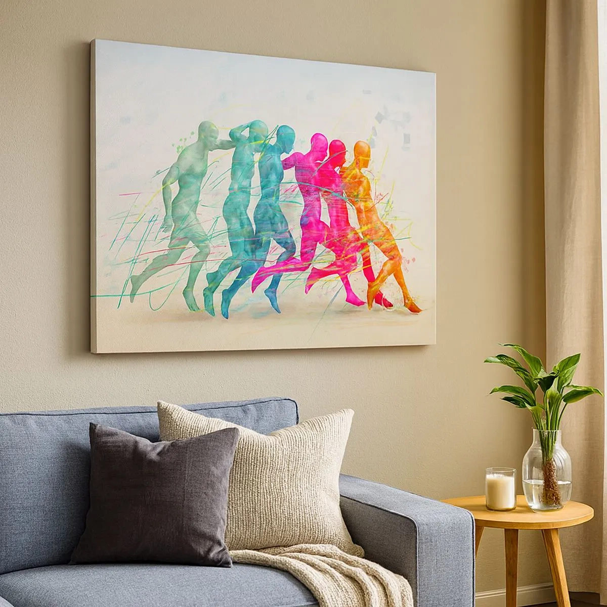 Bild auf Leinwand - Leinwandbild - Bunte Silhouetten von Läufern in Bewegung - 70x50cm - Harmonie der Bewegung - Moderne Wanddekoration für Wohnzimmer und Schlafzimmer ARTTOR