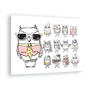 Glasbild - Bild auf glas - Lustige Eulenzeichnungen in verschiedenen Stilen - 70x50cm - So viele Rollen zu spielen - Moderne Wanddekoration für Wohnzimmer und Schlafzimmer ARTTOR