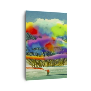 Bild auf Leinwand - Leinwandbild - Eine Figur mit farbigem Rauch im Hintergrund eines Baumes in der Wildnis - 80x120cm - Erwecke diese Welt zum Leben - Moderne Wanddekoration für Wohnzimmer und Schlafzimmer ARTTOR