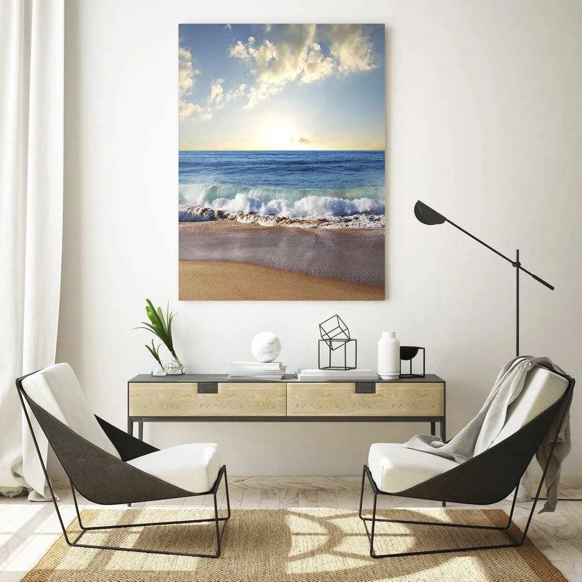 Glasbild - Bild auf glas - Ein sonniger Strand mit Wellen, die an die Küste krachen - 80x120cm - Bewegung und Stille zugleich - Moderne Wanddekoration für Wohnzimmer und Schlafzimmer ARTTOR