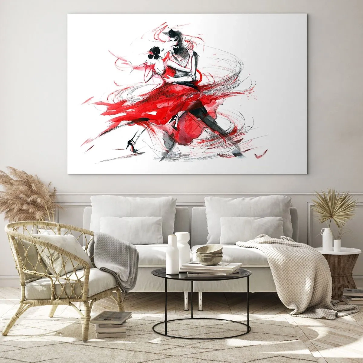 Glasbild - Bild auf glas - Ein Tänzerpaar in einem dynamischen Aquarelltanz - 70x50cm - Tango – der Rhythmus der Leidenschaft - Moderne Wanddekoration für Wohnzimmer und Schlafzimmer ARTTOR