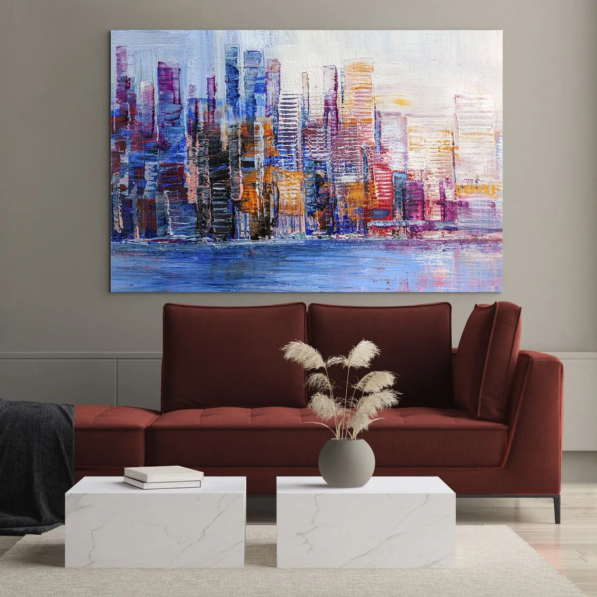 Glasbild - Bild auf glas - Ein farbenfrohes Panorama der Stadt, gemalt mit Pinselstrichen - 70x50cm - Fröhliche Metropole - Moderne Wanddekoration für Wohnzimmer und Schlafzimmer ARTTOR