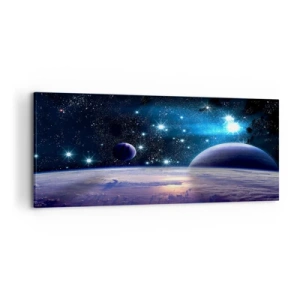 Bild auf Leinwand - Leinwandbild - Ein Blick in den Weltraum mit Planeten und Sternen - 120x50cm - Noch allein? - Moderne Wanddekoration für Wohnzimmer und Schlafzimmer ARTTOR