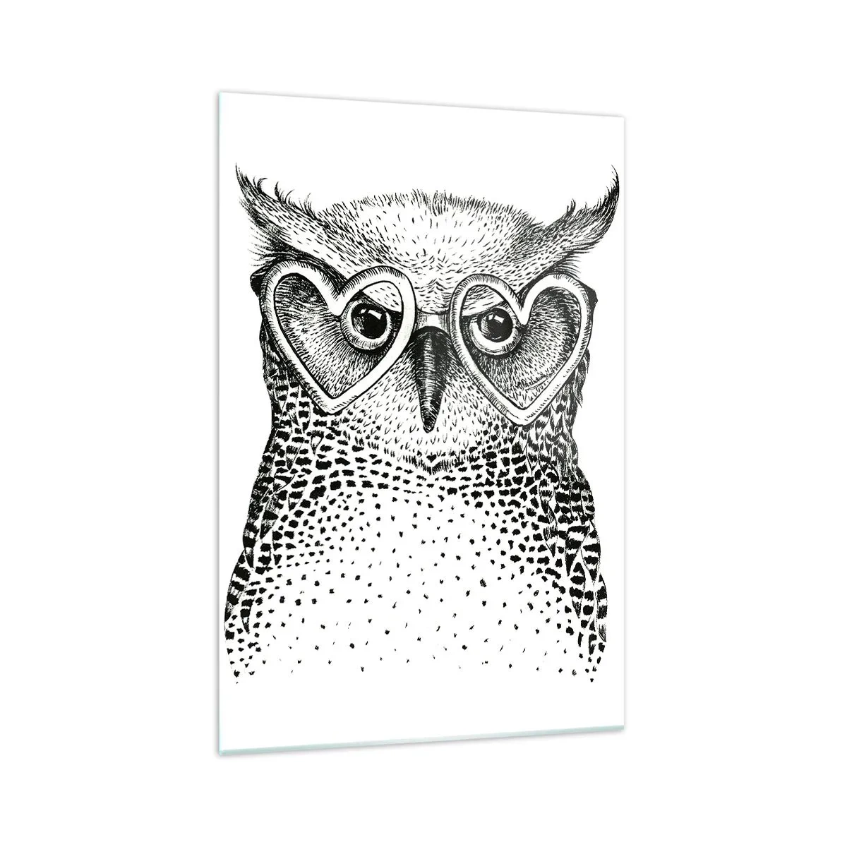 Glasbild - Bild auf glas - Stilvolle Grafik einer Eule mit herzförmiger Brille - 70x100cm - Klug und mit Liebe - Moderne Wanddekoration für Wohnzimmer und Schlafzimmer ARTTOR