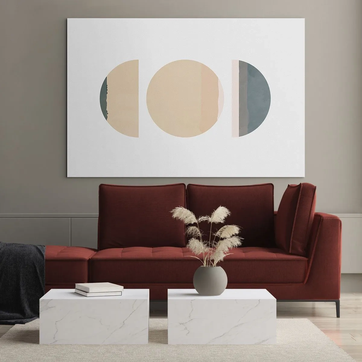 Glasbild - Bild auf glas - Minimalistische geometrische Muster in Pastellfarben - 70x50cm - Ein Rad hinter dem anderen… - Moderne Wanddekoration für Wohnzimmer und Schlafzimmer ARTTOR