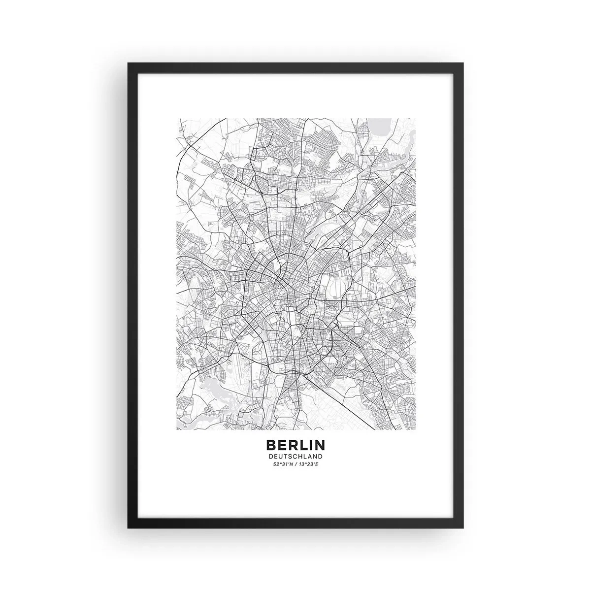 Poster in einem schwarzem Rahmen - Eine schwarz-weiße Karte von Berlin mit genau eingezeichneten Straßen. - 50x70cm - Berliner Blume - Moderne Wanddekoration für Wohnzimmer und Schlafzimmer ARTTOR