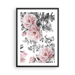 Poster in einem schwarzem Rahmen - Rosa Rosen vor einem Hintergrund aus schwarzen und weißen Blättern - 50x70cm - Verliere dich in den Blüten der Rosen - Moderne Wanddekoration für Wohnzimmer und Schlafzimmer ARTTOR