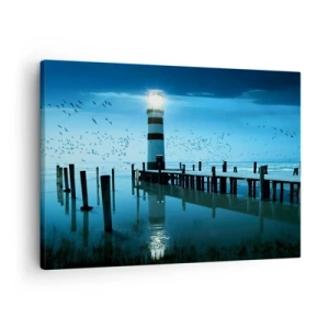Bild auf Leinwand - Leinwandbild - Der Leuchtturm am Pier beleuchtet in der Nacht - 70x50cm - Und du hast keine Angst vor der Dunkelheit - Moderne Wanddekoration für Wohnzimmer und Schlafzimmer ARTTOR