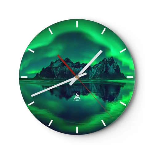 Wanduhr - Glasuhr - Aurora Borealis über einer Berglandschaft und ihre Spiegelung im Wasser - 30x30cm - In den Armen der Aurora - Moderne Wanddekoration für Wohnzimmer, Küche und Schlafzimmer ARTTOR