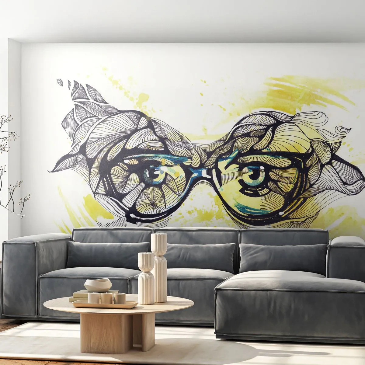 Fototapete Premium Sand - Durch blaue Brille - Abstraktion, Damenbrillen, Weibliche Augen - 300x210 cm