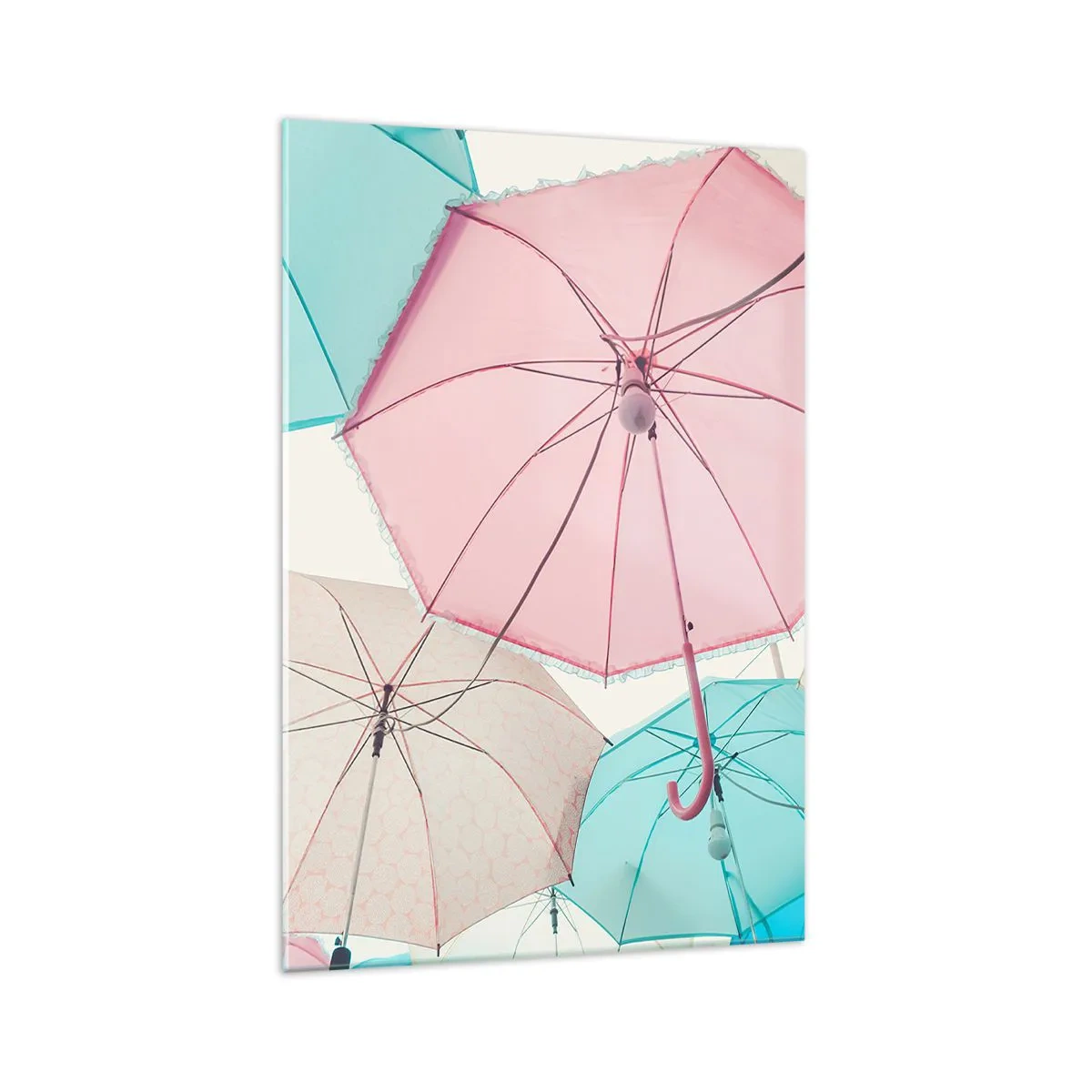 Glasbild - Bild auf glas - Pastellfarbene Regenschirme vor einem hellen Himmel - 70x100cm - Mal Sonne, mal Regen - Moderne Wanddekoration für Wohnzimmer und Schlafzimmer ARTTOR