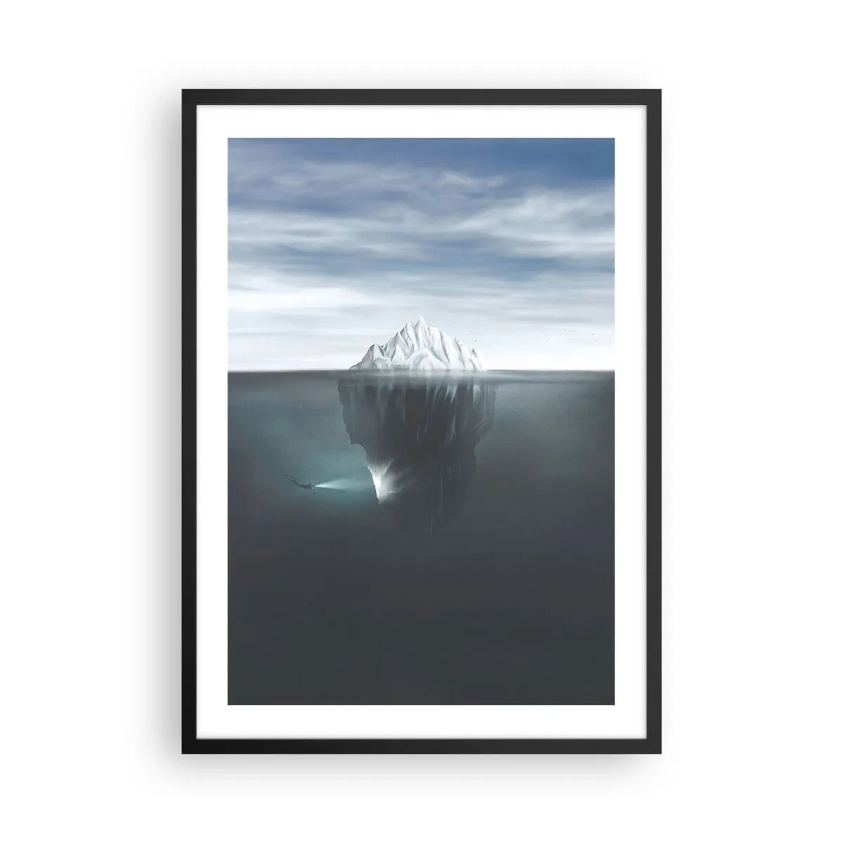 Poster in einem schwarzem Rahmen - Ein Eisberg mit einer riesigen Masse, die unter Wasser verborgen ist - 50x70cm - Unterwassergeheimnis - Moderne Wanddekoration für Wohnzimmer und Schlafzimmer ARTTOR
