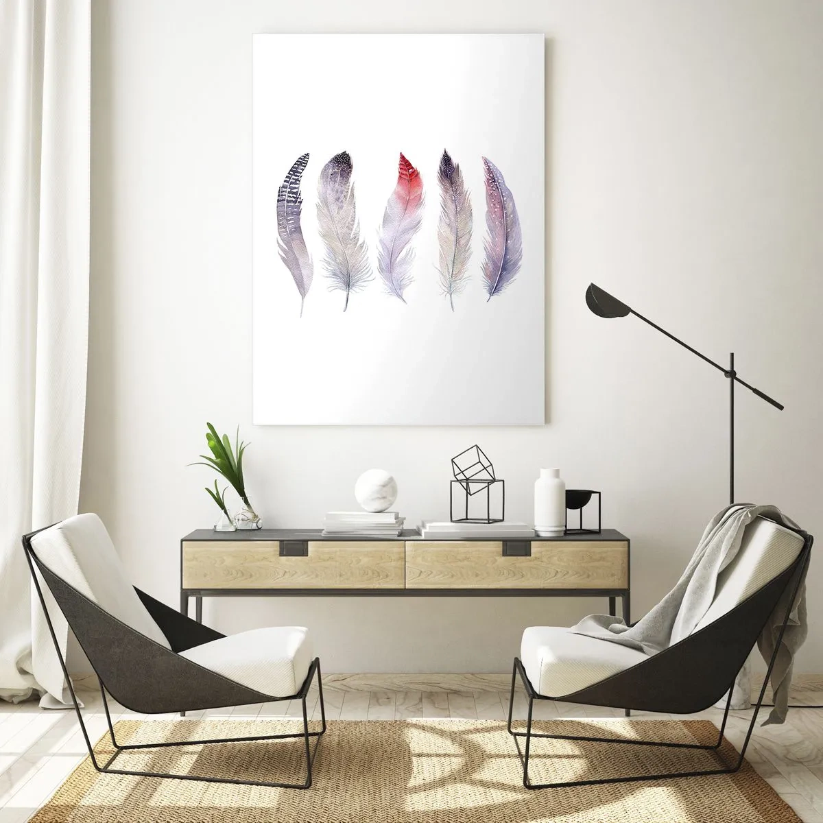 Glasbild - Bild auf glas - Fünf zarte Federn in Pastelltönen auf hellem Untergrund - 70x100cm - Zart wie mehrfarbiger Nebel - Moderne Wanddekoration für Wohnzimmer und Schlafzimmer ARTTOR