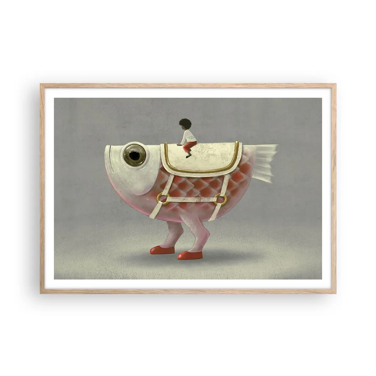 Poster in einem Rahmen aus heller Eiche - Reiter auf einem surrealen Fisch - 100x70 cm