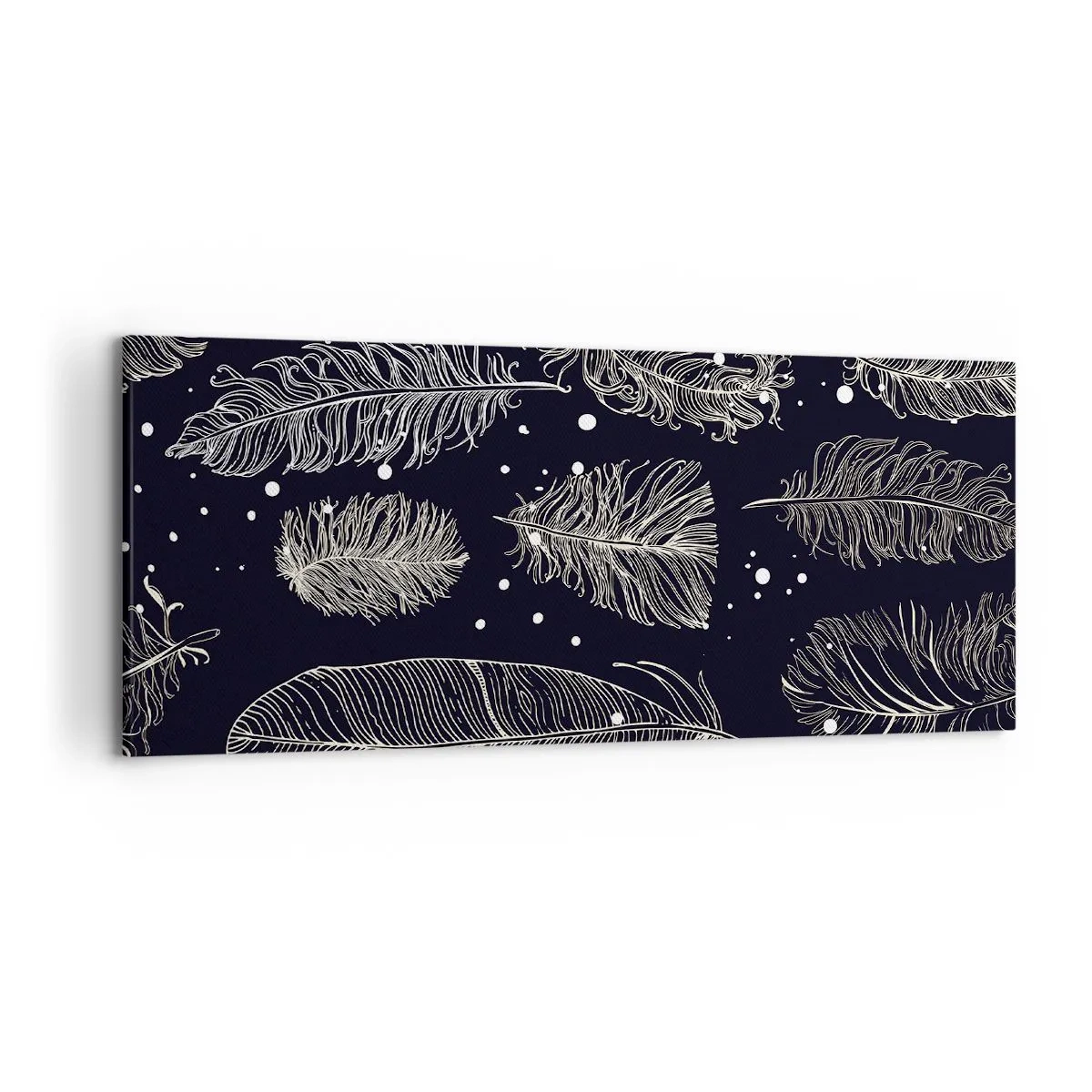 Bild auf Leinwand - Leinwandbild - Zarte weiße Federn auf marineblauem Hintergrund - 120x50cm - Gefiederte Spitze - Moderne Wanddekoration für Wohnzimmer und Schlafzimmer ARTTOR