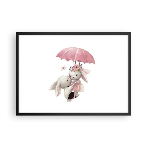 Poster in einem schwarzem Rahmen - Süße Häschen unter einem rosa Regenschirm - 70x50cm - Das ist eben Liebe - Moderne Wanddekoration für Wohnzimmer und Schlafzimmer ARTTOR