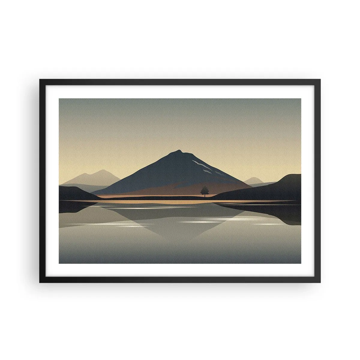 Poster in einem schwarzem Rahmen - Minimalistische Berglandschaft mit Spiegelung im Wasser - 70x50cm - Spiegelreflexion - Moderne Wanddekoration für Wohnzimmer und Schlafzimmer ARTTOR