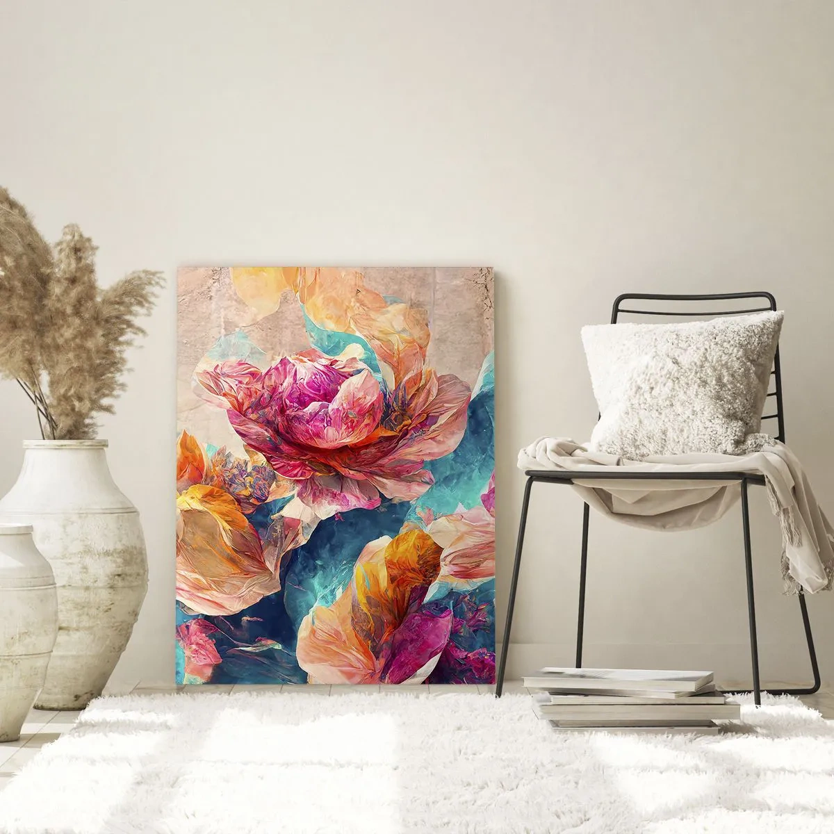 Glasbild - Bild auf glas - Bunte Blumen vor einem Aquarellhintergrund - 50x70cm - Farbenpracht des Straußes - Moderne Wanddekoration für Wohnzimmer und Schlafzimmer ARTTOR