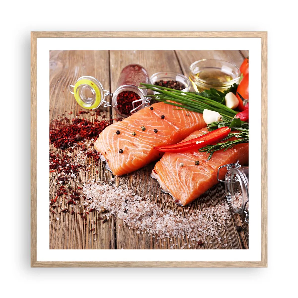 Poster in einem Rahmen aus heller Eiche - Norwegisches Abenteuer in der Küche - 60x60 cm