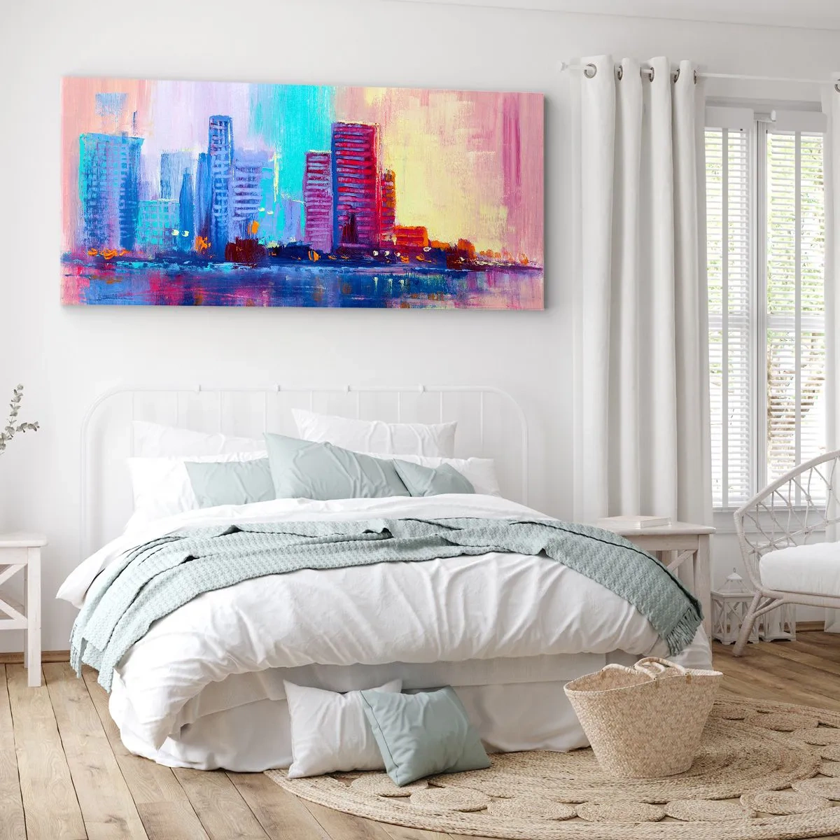 Bild auf Leinwand - Leinwandbild - Ein farbenfrohes Panorama der Stadt im Aquarellstil - 140x50cm - In Farben getaucht - Moderne Wanddekoration für Wohnzimmer und Schlafzimmer ARTTOR
