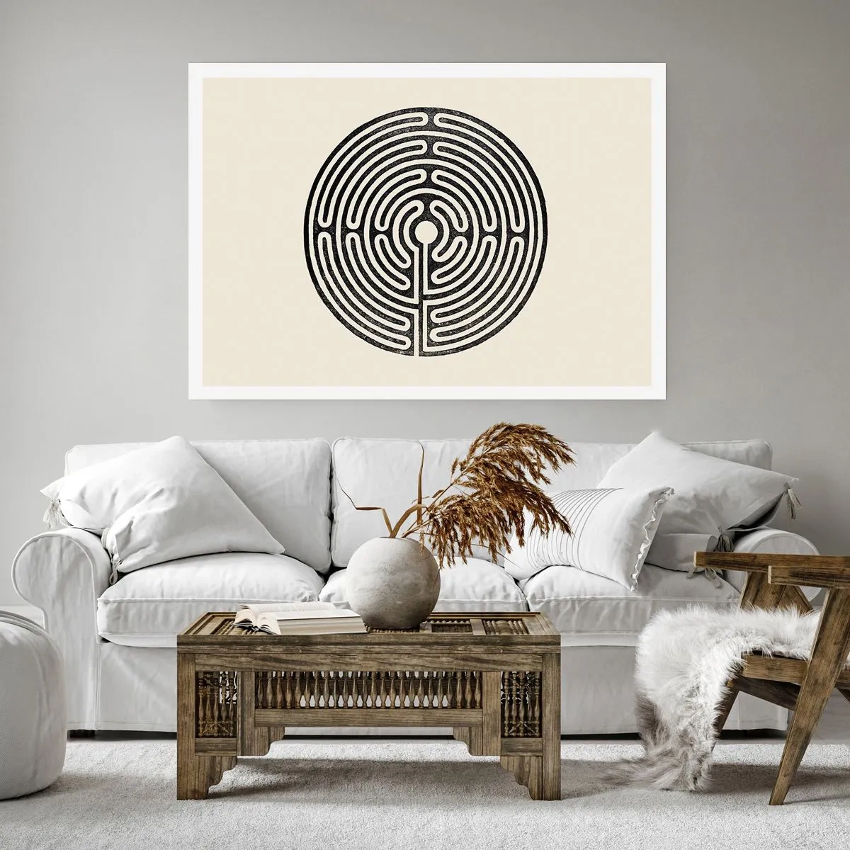 Poster - Schwarz-weißes kreisförmiges Labyrinth auf hellem Hintergrund - 100x70cm - Geheimnisvolle Ordnung - Moderne Wanddekoration für Wohnzimmer und Schlafzimmer ARTTOR